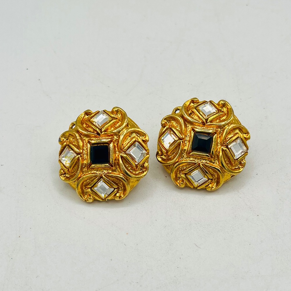 Vintage CRAFT Maltese Cross Glass Crystal Gilt Gold Black Onyx Clip Earrings